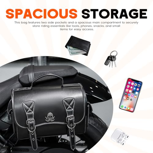 Rogierra 14.9L Motorcycle Fork Tool Bag With 2 Mounting Straps,PU Leather Roll Saddlebag For Front Fork, Handlebar & Sissy Bar Storage,Large Capacity Waterproof Fork Bag(Black, Metal Skull Pattern) - style: Metal Skull Badge