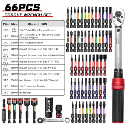 GEINXURN 1/4 In. Drive Click Torque Wrench Set, 20-240 IN.LB Dual-Direction Bike Maintenance Kit，66Pcs with Universal Socket, Screwdriver Bits for Bicycle, Car, Moto - style: GX-TW0104RS66-US