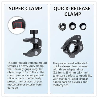 Motorcycle Camera Mount for Insta 360,Adjustable GoPro Bike Extension Pole Mount Compatible with Insta360, GoPro, and DJI Cameras - Designed for Bike and Motorcycle Riding Shots