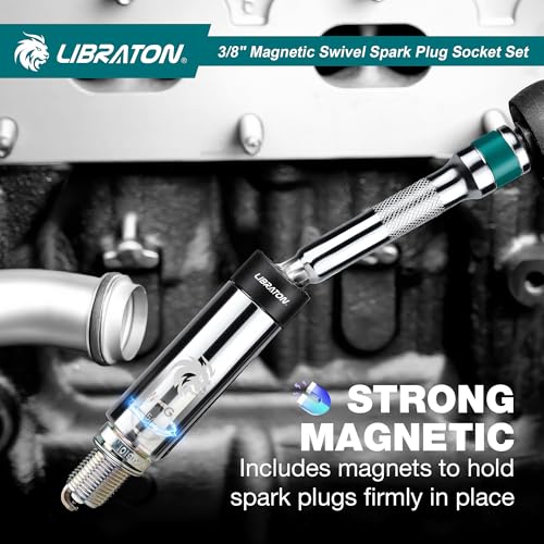 LIBRATON 8PCS 3/8"Dr. Magnetic Spark Plug Socket Set, Include Gapper & Extension Bar, Swivel Head Thin Wall (5/8" 9/16" 14mm 16mm), 6&12 Point for Truck Motorcycle Auto Repair, w/4",6",10", CR-V