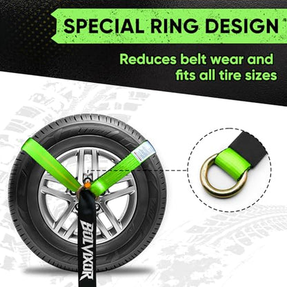 4 Pack Car Tie Down Straps for Trailers - 2" x 96" - 9900LBS Break Strength - Tire Ratchet Strap with Snap Hooks - Adjustable Wheel Straps for Hauling UTV, SUV, Truck, Any Cars - color: Green