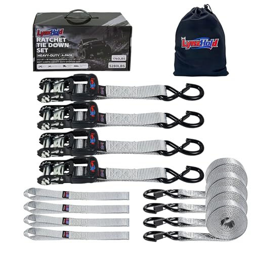 Ratchet Tie Down Straps, 5280lbs Break Strength, 1.6" x 16' Heavy Duty Ratchet Tie Down Strap Set with Padded Handles, Coated S Hook, Soft Loop for Trucks, ATV, UTV, Motorcycle, Cargo & More - Gray - color: Gray, size: 1.6IN x 16FT