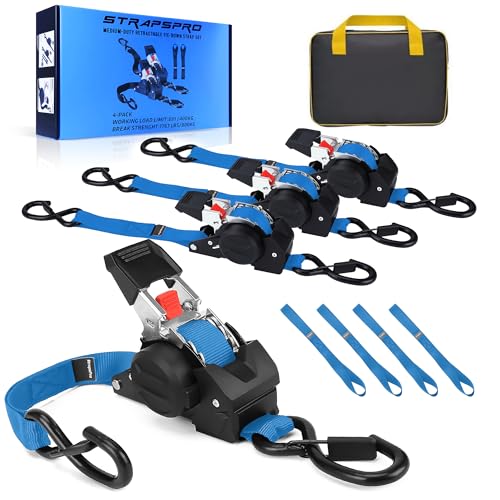 Retractable Ratchet Straps, 1763lb Break Strength Blue Self Retracting Ratchet Straps Heavy Duty with Soft Loops, 1'' x 10FT Auto Tie Down Straps Easy Retract for Motorcycle, Truck, Cargo, 4 Pack - color: Blue, size: 1" x 10FT - Retractable - 4 Pack