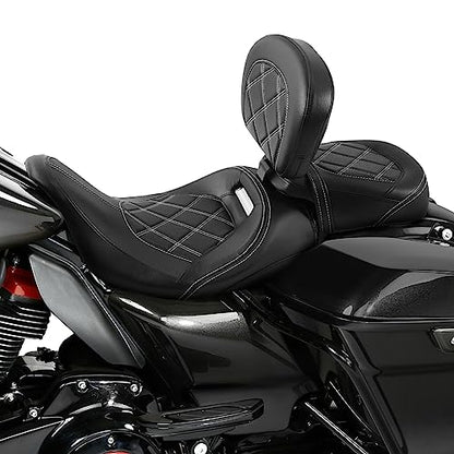 Rider Seat Cushion For Touring, SLMOTO Motorcycle Low-Profile Passenger Seat, Rider Sissy Bar Backrest Pad For Harley Touring CVO Road King Street Glide Road Glide Electra Glide 2014-2023 Black White - color: Black White + Rider Backrest Pad#102
