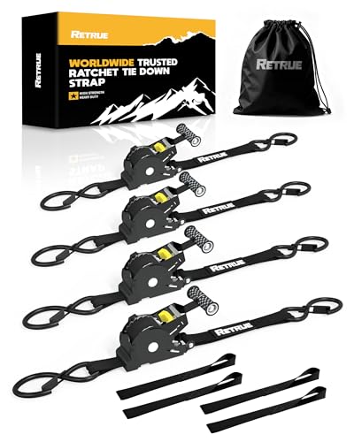 RETRUE Heavy Duty Self-Retracting Ratchet Straps, 10 Feet Retractable Ratchet Tie Down Straps with 1,500lb Break Strength for Trailers, Motorcycles, ATVs, Moving, Cargo Handling & More, Black (4 Pack) - size: 4-Pack