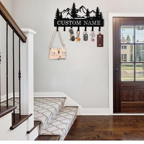 Personalized Key Holder Wall Mount, Custom Name Metal Key Rack Organizer, Mountain Theme Wall Keys Hanger with Hooks for Home, Entryway, Kitchen, Office, Hallway, Doorway - color: 04 Mountain