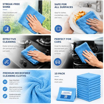 Multi-Purpose Microfiber Cleaning Cloths, Grey, 10 Pack, 9.8" x 9.8" | Highly Absorbent, Kitchen Dish Towels, Lint-Free, Reusable, For House, Car, Window - color: Grey