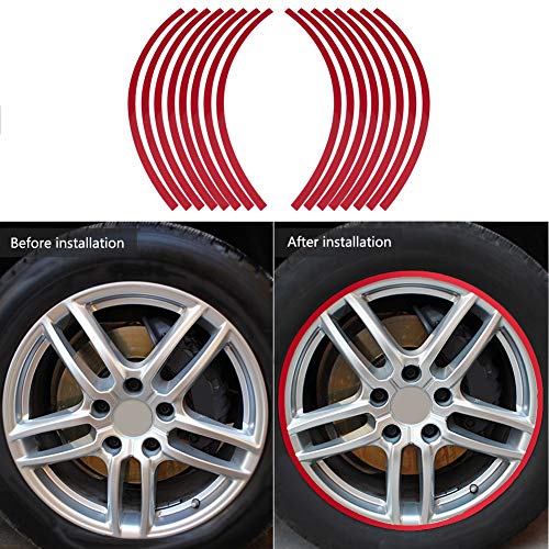 Reflective Wheel Rim Strips, 16 Pieces Red Car Motorcycle Rim Tape, 17-19 Inch Universal Adhesive Safety Decals for Night Visibility, Pre-Curved Stickers for Wheels