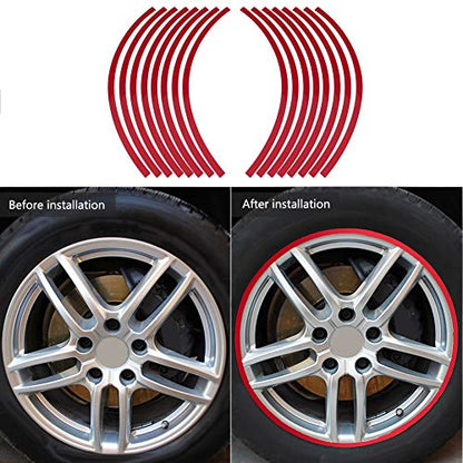 Reflective Wheel Rim Strips, 16 Pieces Red Car Motorcycle Rim Tape, 17-19 Inch Universal Adhesive Safety Decals for Night Visibility, Pre-Curved Stickers for Wheels