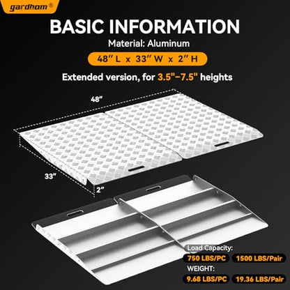 gardhom 33" x 48" Shed Ramp for Riding Mower Aluminum Rust-Free 1500 LBS/Pair Capacity Ramps for Lawn Mower Snow Blower Motorcycle Garages Barns (2PCS) - size: 2PCS-48*33“