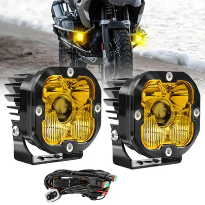 BraveWAY [Storbe] Motorcycle LED Fog Lights, 3 inch Yellow Auxiliary Light kit, ATV UTV Amber Driving Light Pods 3000K 2PCS(+DT Wiring Harness) - size: 3 inch Yellow for MC
