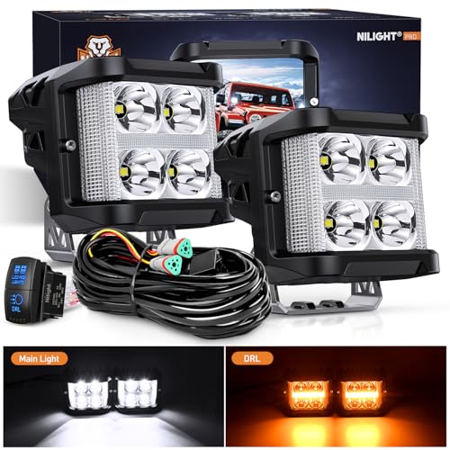 Nilight Side Shooter LED Light Pods with Amber DRL 4 Inch 26 W Spot Flood Combo LED Cubes Light w/ 16AWG Wiring Kit for Offroad Driving Fog Light Auxiliary Light on Truck ATV UTV - color: 4LED Sideshooter Spot Pod w/ Amber DRL