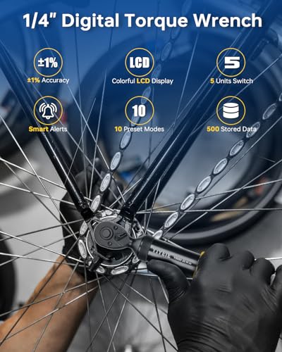 YIYEIE 1/4" Digital Torque Wrench Set | 13.5-265 in-lb | ±1% Accuracy | Deep-Reach Head | Smart Alert Multi | 12PC Bike Torque Wrench Digital for MTB/Motorcycle, with Sockets & Adapters - size: 12PCS, style: 1/4-Inch (13.5-265 in.lb)