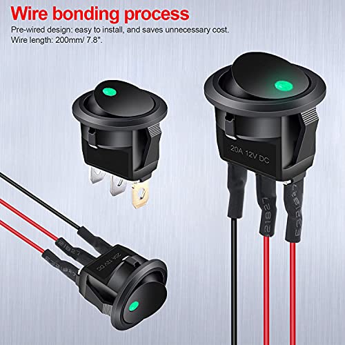 Twidec/8Pcs SPST Round Dot Lighted Rocker Switch Toggle Control for Car Or Boat 20A 12V DC On/Off Green LED Light with Pre-soldered Wires KCD2-102N-G-X - color: Green LED-Round