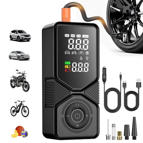 Tire Inflator Portable Air Compressor – 150PSI Cordless Car Pump with 6000mAh Battery & 12V DC Backup, Auto Shut-Off Digital Gauge for Car, SUV, Motorcycle, Bike, Ball