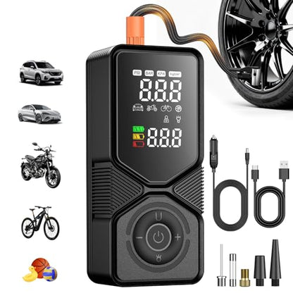 Tire Inflator Portable Air Compressor – 150PSI Cordless Car Pump with 6000mAh Battery & 12V DC Backup, Auto Shut-Off Digital Gauge for Car, SUV, Motorcycle, Bike, Ball