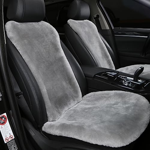 OGLAND 2 Pack FuzzySheepskin Car Driver Seat Covers, Shearling Fluffy Genuine Wool Seat Cushions for Auto Interior Accessories with Soft Fuzzy Natural Fur Non-Slip(Misty Gray) - color: Misty Gray