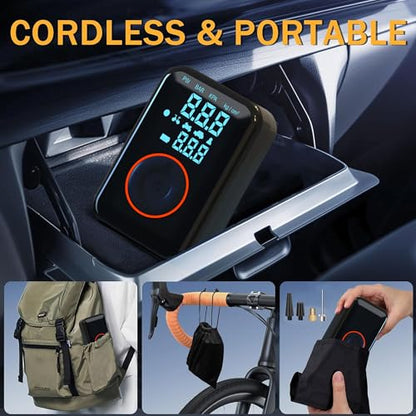 Tire Inflator Portable Air Compressor Heavy Duty 150PSI Faster Inflation Power Bank with Digital Gauge Pre-Set Auto Shut-Off LED flashing Lights Cordless Air Pump for Car Motorcycle, Bike, Balls