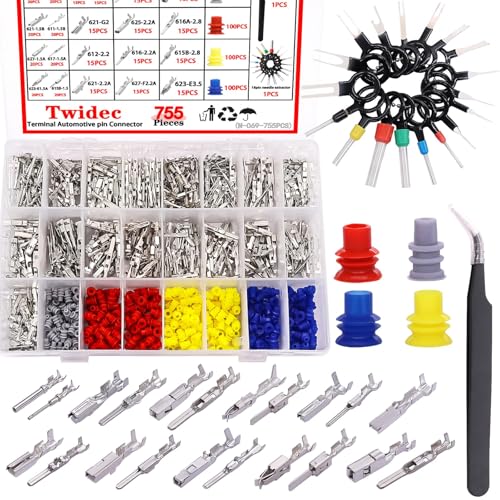 Twidec/755PCS Car Electrical Wire Terminal Pins Connector Kit 21Type 1/1.5/1.8/2.2/2.8/3.5mm Auto Electric Connector Pins Terminal Non-Insulated Plug Removal Male Female Crimp Pins - size: 755PCS | Without Crimper Tool