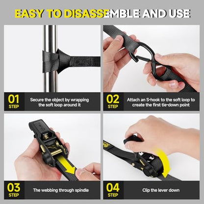 4Pcs Ratchet Tie Down Straps Kit for 2400lb Break Strength | 1” x 16FT Tie Down Straps with Soft Loop Tie-Downs & Safety S Hook - Cargo Strap Tie Down for Trucks, Motorcycle, Moving, Appliances, Black - color: Black