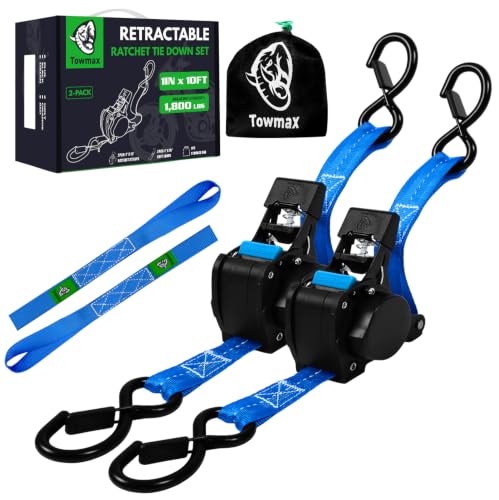 Retractable Ratchet Straps (Patented-2pack) - 1 inch x 10Feet (1,800lb Break Strength) Auto Self Retracting Tie Down Straps - Self Retractable Straps with Refletcive for Motorcyle, Truck or Cargo - color: Blue, size: 2-Pack