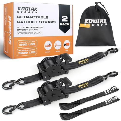 Retractable Ratchet Straps 2" x 10ft, 3,000lb Break Strength, Heavy Duty Easy Release Tie Down for Trucks, Trailers, Motorcycles, ATVs, Secure Cargo KODIAK STRAPS (Black, 2Pack) - color: Black, size: 2INCH*2PACK