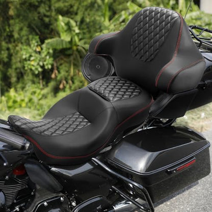 SLMOTO Hammock Seat Driver Rider Brackrest Wrap Around King Trunk Backrest Pad fit for Harley Touring Road King Street Glide Road Glide Electra Glide 2014-2023 2 Up Seat Black Red - color: B Style G Black Seat