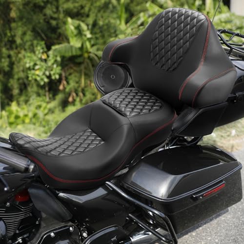 SLMOTO Hammock Seat Driver Rider Brackrest Wrap Around King Trunk Backrest Pad fit for Harley Touring Road King Street Glide Road Glide Electra Glide 2014-2023 2 Up Seat Black Red - color: B Style G Black Seat