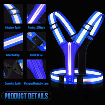 LED Rechargeable Reflective Vest with 11hrs Runtime, Light Up Safety Gear for Night Running Walking Cycling, USB Rechargeable - color: Blue