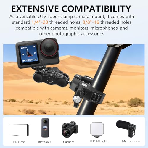 Chelhead Adjustable Phone Camera Holder, 1/4"-20 & 3/8"-16 Threads Universal Tube Mount Fits Up to 3'' Roll Bar Compatible with LED Lights, DSLR Camera, Gopro, Ronin-M, MOVI, Insta360, Tripod/Desk - style: For Camera & Phone