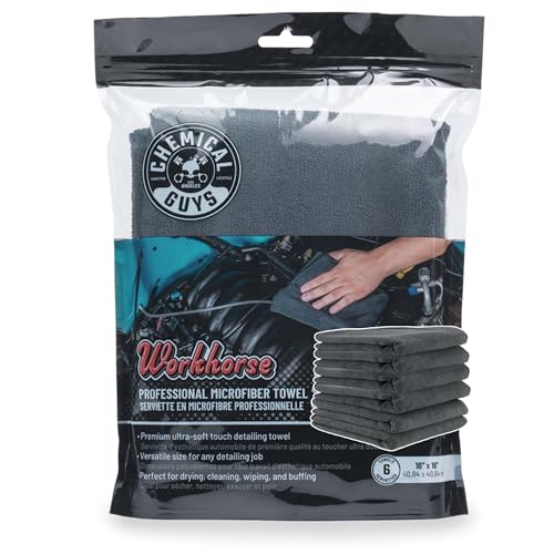 Chemical Guys MIC35306 Workhorse Professional Grade Microfiber Towel, Black (16 in. x 16 in.) (Pack of 6)