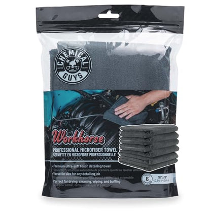 Chemical Guys MIC35306 Workhorse Professional Grade Microfiber Towel, Black (16 in. x 16 in.) (Pack of 6)