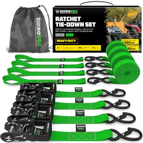 Rhino USA Ratchet Straps Heavy Duty Kit (4-Pack) - 1.6 Inch x 8 Feet Min Break Strength (5,000) - Ultimate Tie Down Straps with Safety S Hooks for Trucks, ATV, UTV, Motorcycle, Cargo & More - Green - color: Green, size: 8ft - 4 Pack