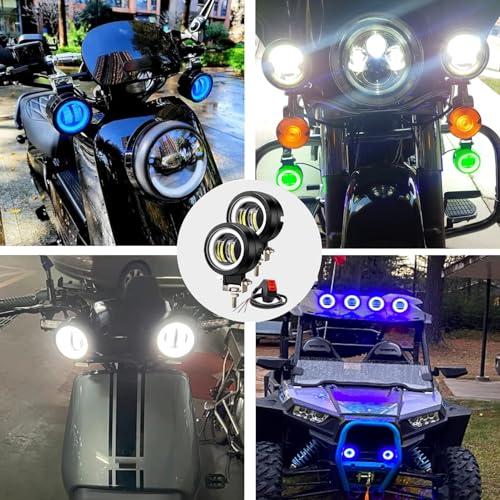 Ourbest Motorcycle Fog Lights with Switch,3inch Motorcycle auxiliary lights, Halo Round led lights, luces exploradoras para moto pair(White Beam with Red Ring)