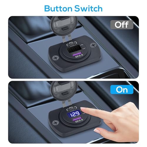 Linkstyle 12V USB Outlet, 30W PD Port & 18W QC3.0 USB A Port Charger Socket with Button & LED Voltmeter for Car Boat Motorcycle RV