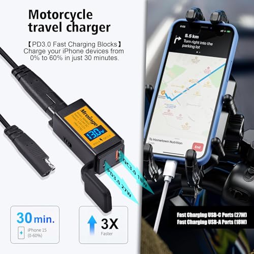 Mroinge Motorcycle USB-C Charger, SAE to USB Adapter, 27W Dual Port USB Fast Charger with Voltmeter/Ammeter and ON/Off Switch, Perfect for Phone, Tablet, GPS etc Charging