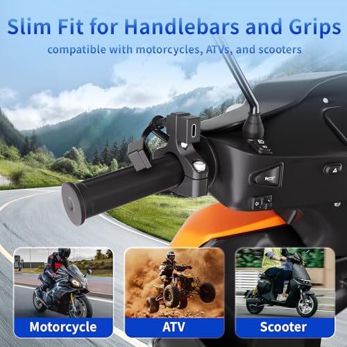 Cliff Top Waterproof Motorcycle USB Charger, 18W PD USB-C Fast Charging, SAE to USB-C Adapter, USB Port with 22–32mm Handlebar Mount for Motorcycle, Scooter, ATV, Phone Devices, Vertical