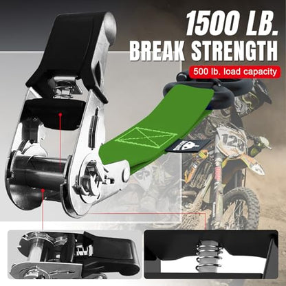 Jack Boss Ratchet Tie Down Straps Set,1500 lbs Break Strength, 1" x 15' Heavy Duty Ratchet Straps with 4X Soft Loops Padded Handles Coated S Hook, Fits for Moving Appliances Motorcycle ATV Truck,Green - color: Green