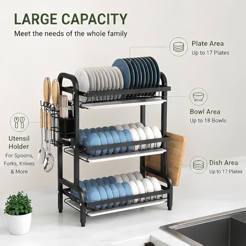 3 Tier Dish Drying Rack for Kitchen Counter, Large Capacity Dish Rack with Drainboard Set & Utensil Holder, Rustproof Metal Dish Drainer with Cup Bowl Plate Storage - color: Black1