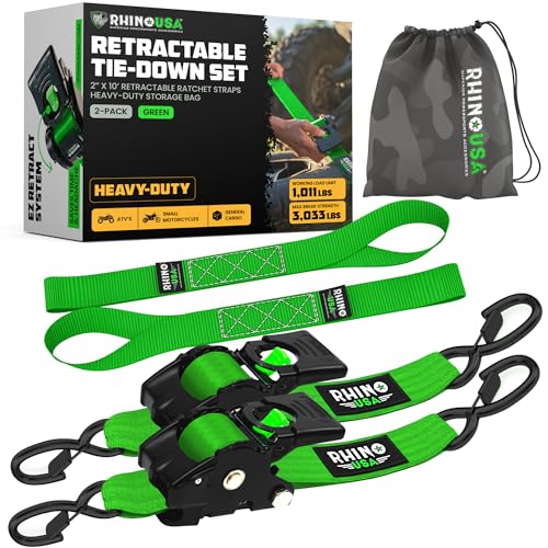 Rhino USA Retractable Ratchet Straps (2-Pack) - 2 Inch x 10 Feet (3,033lb Break Strength) - Heavy Duty Auto Self Retracting Tie Down Straps for Truck, Cargo Trailer, Motorcycle, Rad & More - Green - color: Green, size: 2PK