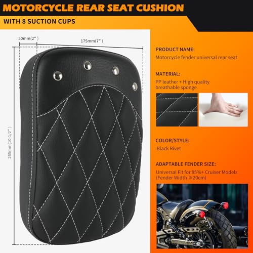 DREAMIZER Universal Black Motorcycle Solo Passenger Seat Rear Cushion 8 Suction Cups Compatible with Harley Davidson Sportster XL 883 1200 Forty Eight Dyna Chopper Bobber Custom (Black-rivet) - style: Rivet Black
