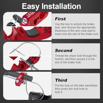 JAGASOL Motorcycle Lock Combo: Helmet & Brake Anti-Theft Handlebar Lock for Moped, Motorbike, Scooters, ATV, Dirt Bike, Street Bike - color: Red