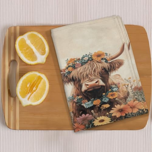 Highland Cattle Kitchen Towels Set of 2 Highland Cow Sunflower Dish Towels Bar Absorbent Cleaning Tea Towel for Home Dining Restaurants - color: Brown Beige