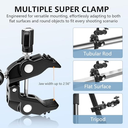 Chelhead Adjustable Phone Camera Holder, 1/4"-20 & 3/8"-16 Threads Universal Tube Mount Fits Up to 3'' Roll Bar Compatible with LED Lights, DSLR Camera, Gopro, Ronin-M, MOVI, Insta360, Tripod/Desk - style: For Camera & Phone