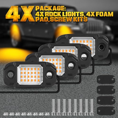 4 Pods Yellow LED Rock Light Waterproof Neon Trail Rig Lamp Underglow Lights for Car Truck Motorcycle SUV ATV UTV (Yellow) - color: Yellow
