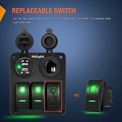 Nilight 3 Pack Rocker Switch with Night Glow DIY Stickers On Off 5 PIN SPST LED Light Switches with Green Backlit 12V/24V Toggle for Cars Trucks RVs Boats Auto Motorcycles - color: Green 3 PCS