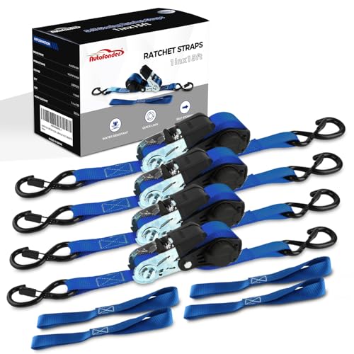NeatStrap Ratchet Strap with Safety Lock Chromoly S Hooks-1,500lbs Break Strength-Motorcycle, Kayak Ratcheting Straps 1" x 15' Soft Loop Tie-Downs for Pickup Bed,Moving Truck,Trailer(4PK) - color: Blue
