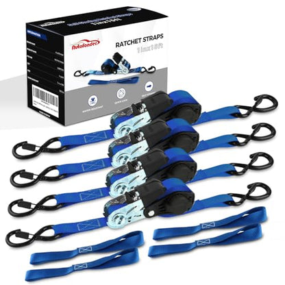 NeatStrap Ratchet Strap with Safety Lock Chromoly S Hooks-1,500lbs Break Strength-Motorcycle, Kayak Ratcheting Straps 1" x 15' Soft Loop Tie-Downs for Pickup Bed,Moving Truck,Trailer(4PK) - color: Blue