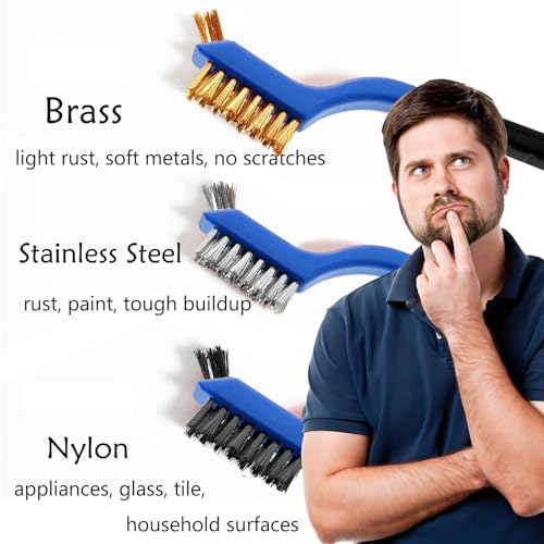 Wire Brush Set (3-Pack) for Precision Cleaning – Brass, Nylon & Stainless Steel Brushes for Rust Removal, Delicate Surfaces & Tight Spaces – 7-Inch Curved Handle - color: 3 PCS BLUE