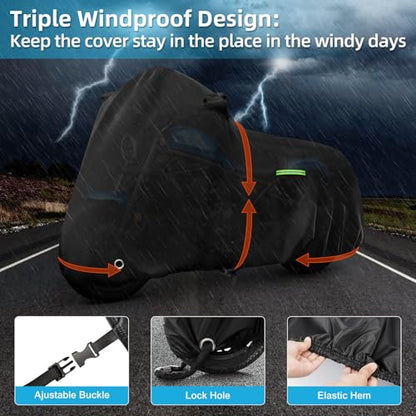 Motorcycle Cover Waterproof for Kawasaki KLR 650/R 1250 GS/Honda Africa Twin/V-Strom 1050XT, Heavy Duty Outdoor Sun UV Rain Dust All Weather Motorbike Cover with Soft Cotton Lining & Lock Hole-Balck - size: KLR 650